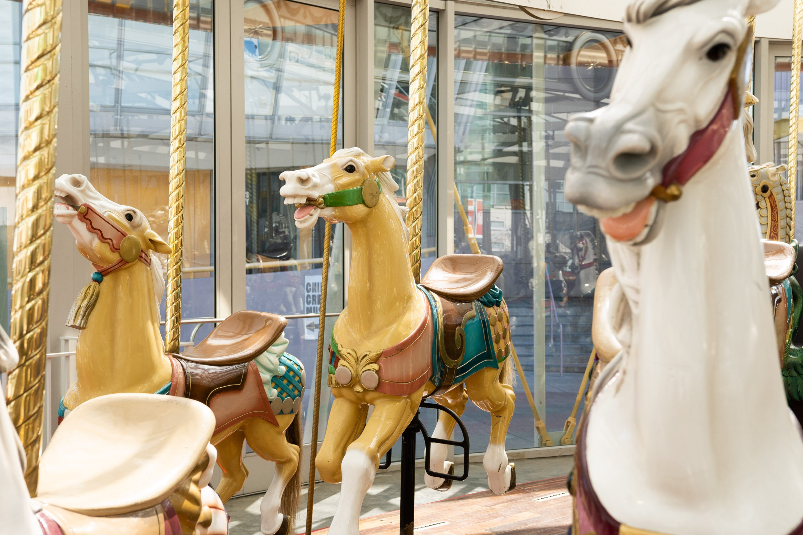 Two yellow carousel horse animals next to a white horse carousel animal inside Leroy King Historical carousel