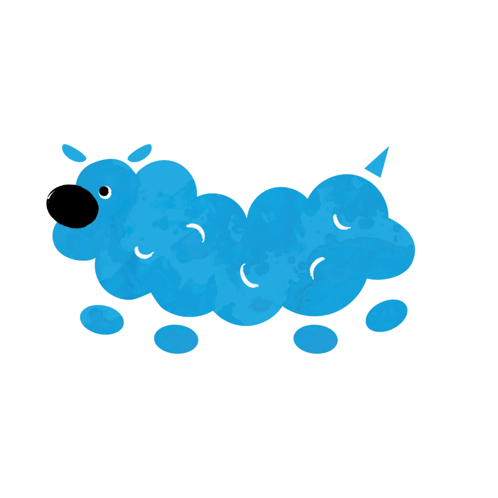 Blooper a blue fluffy, cloud-like critter with a relaxed demeanor, floats near the LeRoy King Carousel.